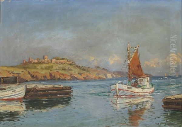 Coastal view with fishing boats and castle Hammershus. - view 1