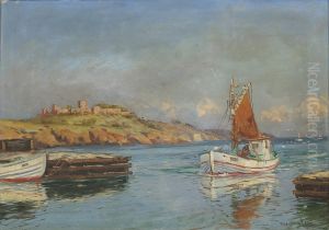 Coastal view with fishing boats and castle Hammershus.