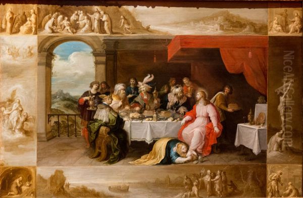 Mary Magdalene washes the feet of Christ in the house of Simon the Pharisee, surrounded by scenes from the life of the saint - view 1