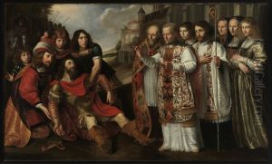 Pieter Purmerent als de Heilige Bernard van Clairvaux die Hertog Willem X van Aquitanie bekeert. by Wouter Crabeth II