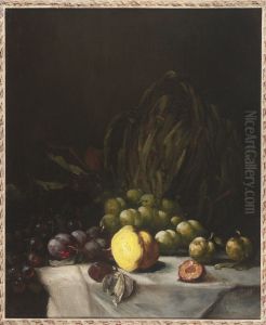 Stilleven met mand en pruimen. by Augustin Theodule Ribot