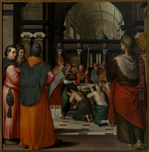 De doop van Sint Eustachius en zijn vrouw (middenstuk Hubertus-altaarstuk) / Sint Crispinus en Sint Crispinianus. - view 1