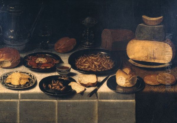 VERVALLEN Stilleven met brood, kaas, garnalen en krabben, Stilleven met schenkkan, garnalen en kazen, - view 1