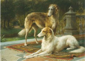 VERVALLEN Twee Russische hazewindhonden op terras, Twee borzois op een terras, by Otto Erelman