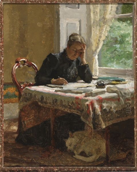 Schrijvende vrouw (Coba Tholen-Muller) in interieur (Ewijkshoeve). - view 1