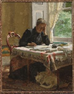 Schrijvende vrouw (Coba Tholen-Muller) in interieur (Ewijkshoeve). by Willem Bastiaan Tholen