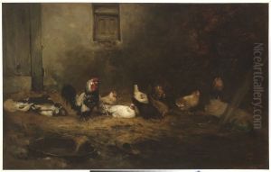 Hoenderhof (Kippen op een deel/'basse-cour'). by Augustin Theodule Ribot
