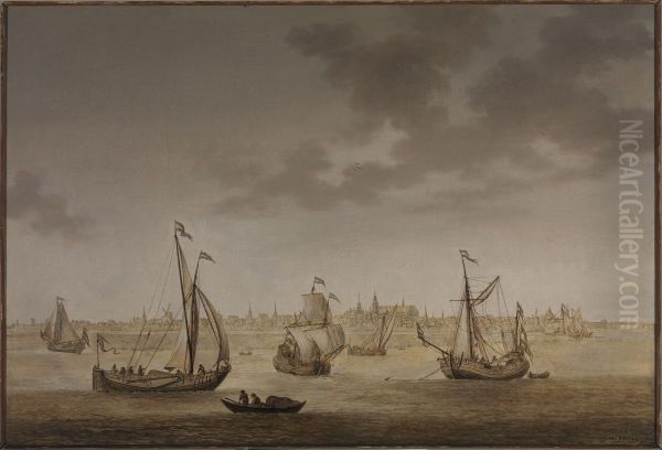 A three-masted sailing ship and other shipping before Gouda - view 1