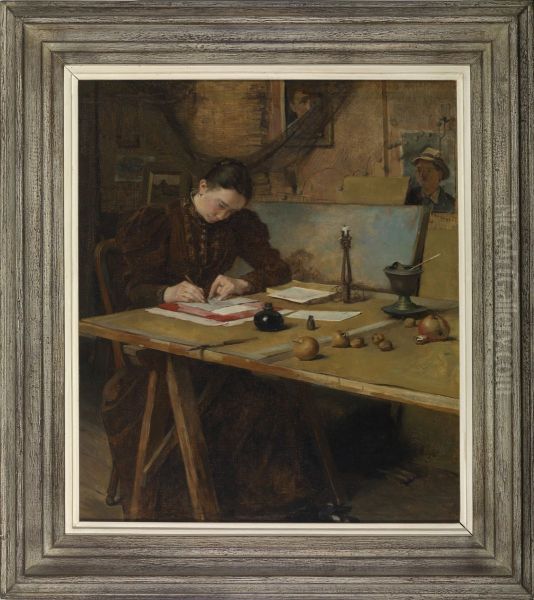 Studio interior with a woman writing - view 1