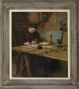 Studio interior with a woman writing by Piet Meiners