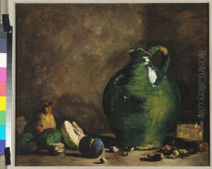 Stilleven met groene kruik. by Augustin Theodule Ribot