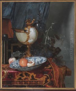 Stilleven met Chinees bord, nautilusbokaal en vruchten. by Adriaen Van Der Spelt