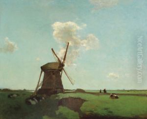 Landarbeiders nabij een molen in een Nederlands polderlandschap nabij Noorden.