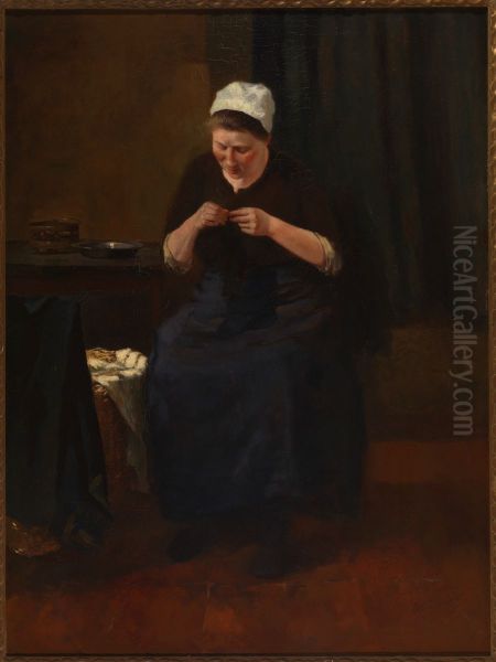 Vrouw, zittend met naaiwerk. - view 1