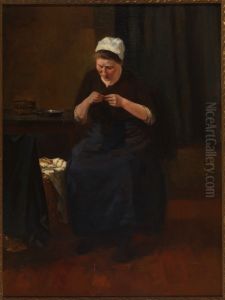 Vrouw, zittend met naaiwerk. by Nicolaas Van Der Waay