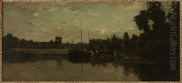 Landschap met schepen op een rivier in de avond. - view 1