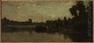 Landschap met schepen op een rivier in de avond. by Charles-Francois Daubigny