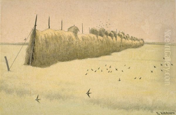 Hay-drying rack and Swallows skimming by - view 1