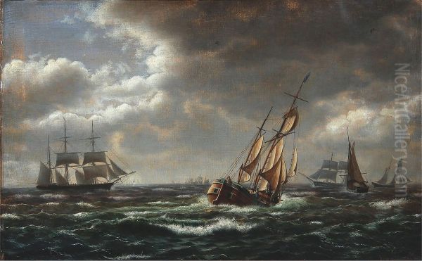 Seascape with sailing ships in high waves - view 1