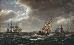 Seascape with sailing ships in high waves