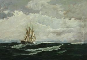 Seascape with warship in high seas