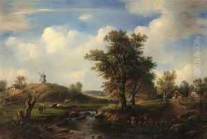 Idyllische Flusslandschaft mit Hofen by Adolf Sukkert