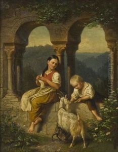 Idyll with Children and Goats at a Ruin by Robert Heck