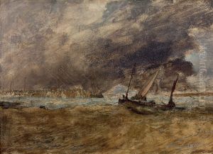 Seapiece with fishing boats off a wooden pier, a gale coming in by J. M. W. Turner