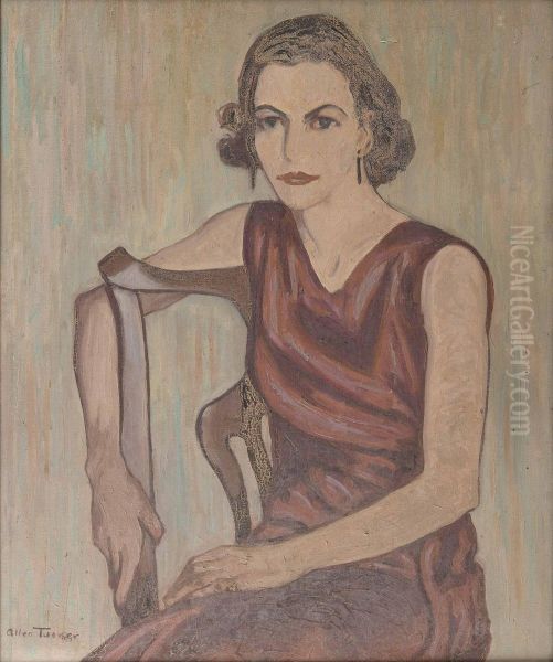 Portrait of a seated woman wearing a red dress - view 1