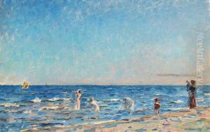 People bathing at Skagen on a summer day. by Laurits Tuxen