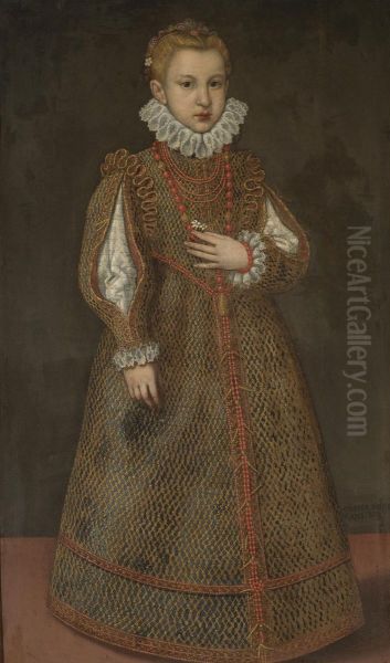 Portrait of Aurelia/Madalena Doria, full length, wearing a gold embroidered dress with slashed sleeves and wearing a coral necklace - view 1
