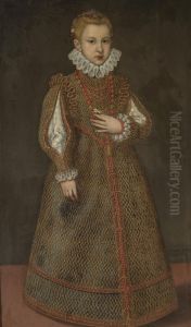 Portrait of Aurelia/Madalena Doria, full length, wearing a gold embroidered dress with slashed sleeves and wearing a coral necklace