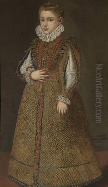 Portrait of Aurelia/Madalena Doria, full length, wearing a gold embroidered dress with slashed sleeves and wearing a coral necklace - view 1