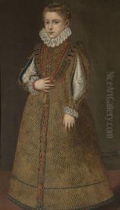 Portrait of Aurelia/Madalena Doria, full length, wearing a gold embroidered dress with slashed sleeves and wearing a coral necklace