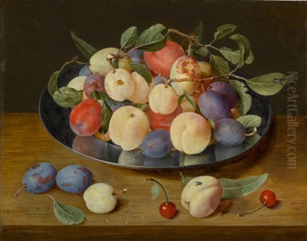 Still life of plums and peaches on a pewter plate, with plums, a peach and cherries, all on a table - view 1