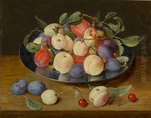 Still life of plums and peaches on a pewter plate, with plums, a peach and cherries, all on a table by Jacob van Hulsdonck