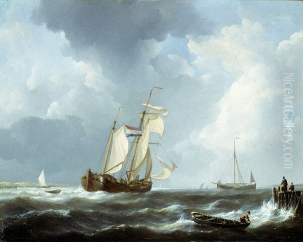 Kofschip temidden van andere vaartuigen onder zeil, nabij een kust - view 1