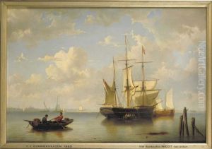 Bark "Nicot" of the company Wuste & Hintzen in Amsterdam, riding at anchor on the river IJ, under supervision of captain Amesz. by Cornelis Christiaan Dommersen