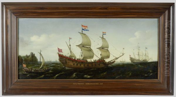 Nederlands pinasschip onder zeil nabij een rotsachtige kust - view 1