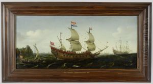 Nederlands pinasschip onder zeil nabij een rotsachtige kust by Hendrick Cornelisz Vroom