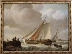 Een hektjalk onder zeil op een binnenwater by Johannes Hermanus Koekkoek Snr