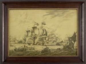 Een zeegevecht tussen Nederlandse, Engelse, en Franse oorlogsschepen