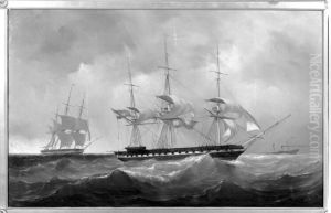 Het fregat Zr.Ms. Rijn op volle zee voor de wind zeilende by Mauritz de Haas