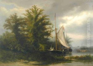 Een kotter afgemeerd nabij een bosrand by Johannes Gijsbert Vogel