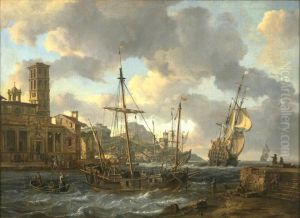 Havengezicht in de Middellandse Zee by Abraham Storck