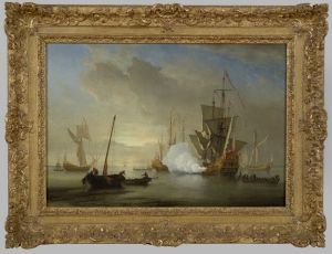 Schepen op een kalme zee bij zonsondergang by Willem van de Velde the Younger