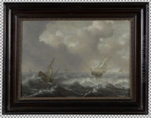 Een haringbuis en een koopvaarder in stormachtig weer op zee by Hendrick Staets