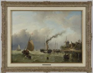 Een raderstoomschip in veerdienst bij een opstapplaats aan een steiger Een raderstoomschip in veerdienst bij een opstapplaats aan een steiger