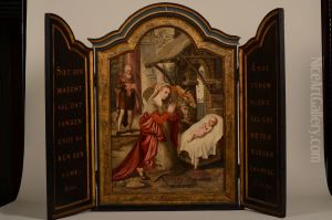 Houten triptiek met 'De geboorte van Christus'
