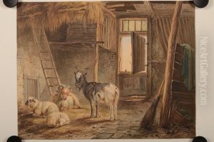 Stal met schapen en een geit by Pieter Plas
